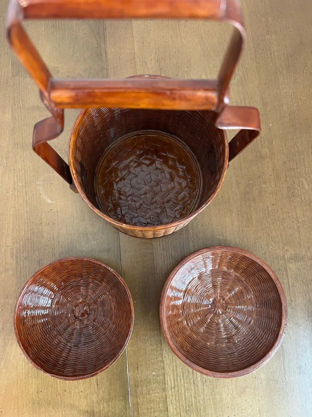 Vintage Handcrafted‎ Chinese two-tiered bamboo & rattan lidded lunchbox